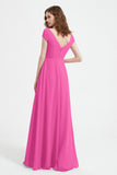 Cap Sleeves Chiffon Backless Bridesmaid Dress Long Formal Evening Dresses with Slit