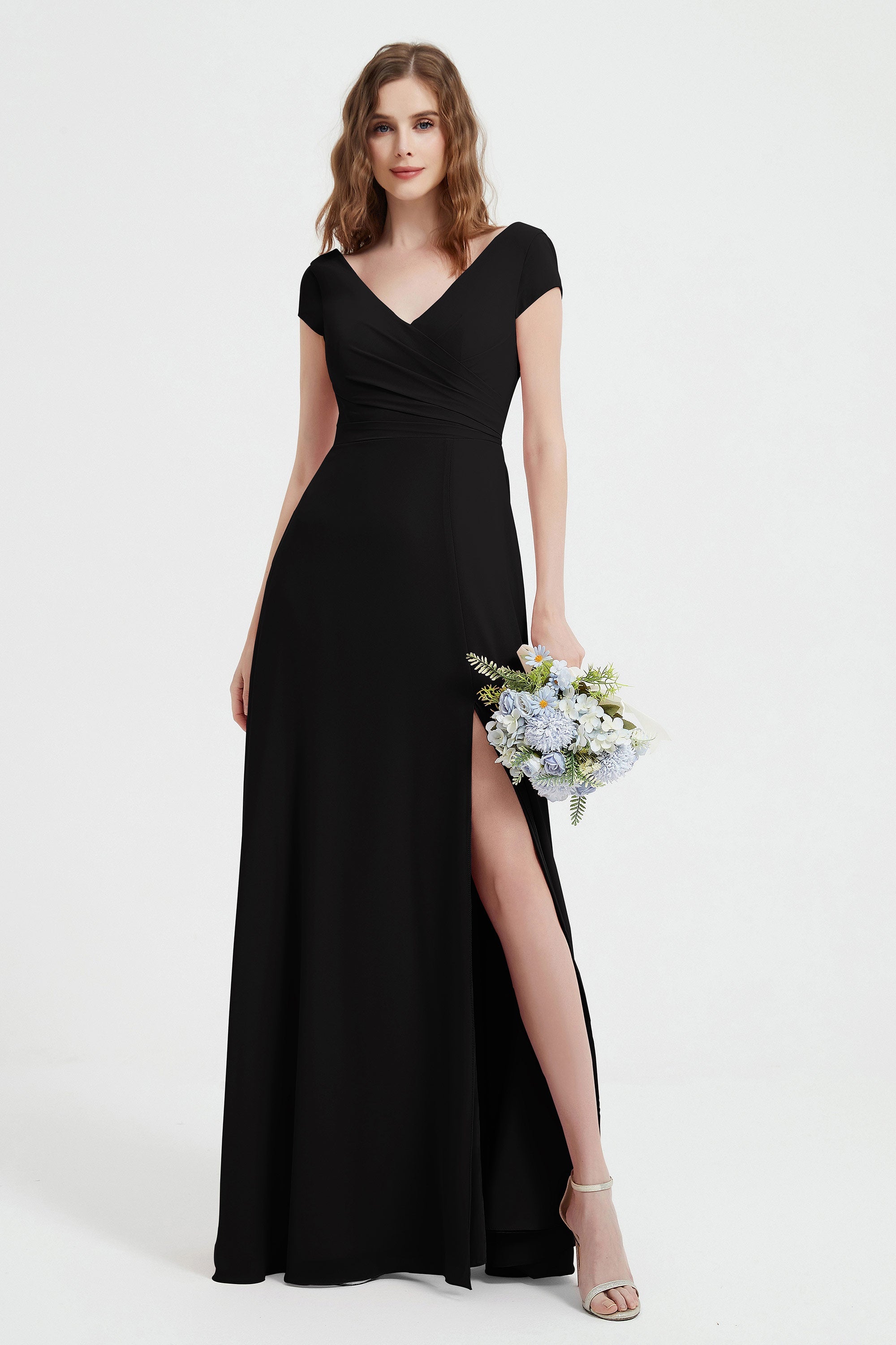 Cap Sleeves Chiffon Backless Bridesmaid Dress Long Formal Evening Dresses with Slit