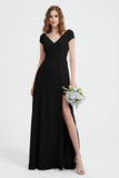 Cap Sleeves Chiffon Backless Bridesmaid Dress Long Formal Evening Dresses with Slit