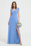 Cap Sleeves Chiffon Backless Bridesmaid Dress Long Formal Evening Dresses with Slit