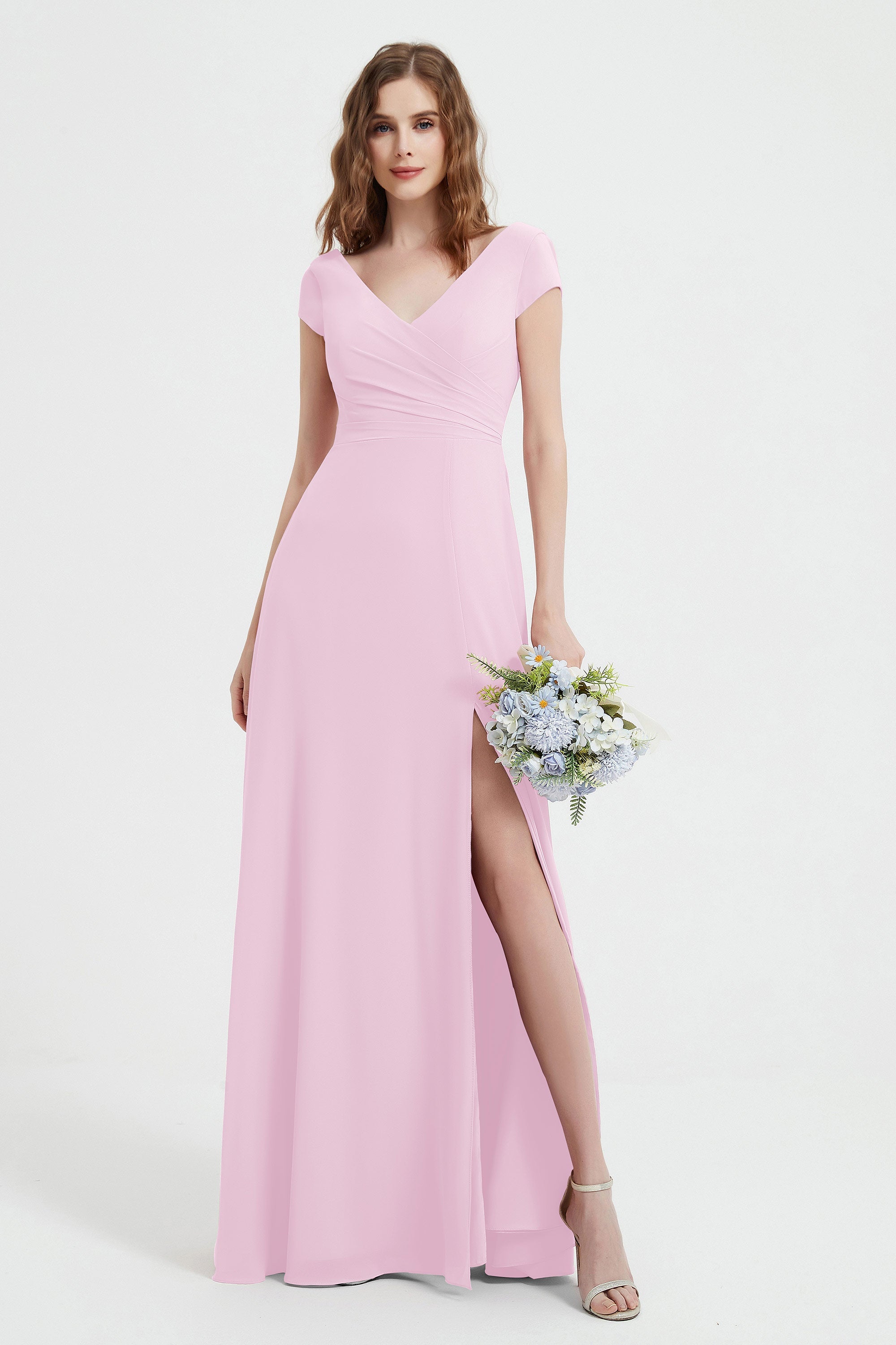 Cap Sleeves Chiffon Backless Bridesmaid Dress Long Formal Evening Dresses with Slit