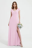 Cap Sleeves Chiffon Backless Bridesmaid Dress Long Formal Evening Dresses with Slit
