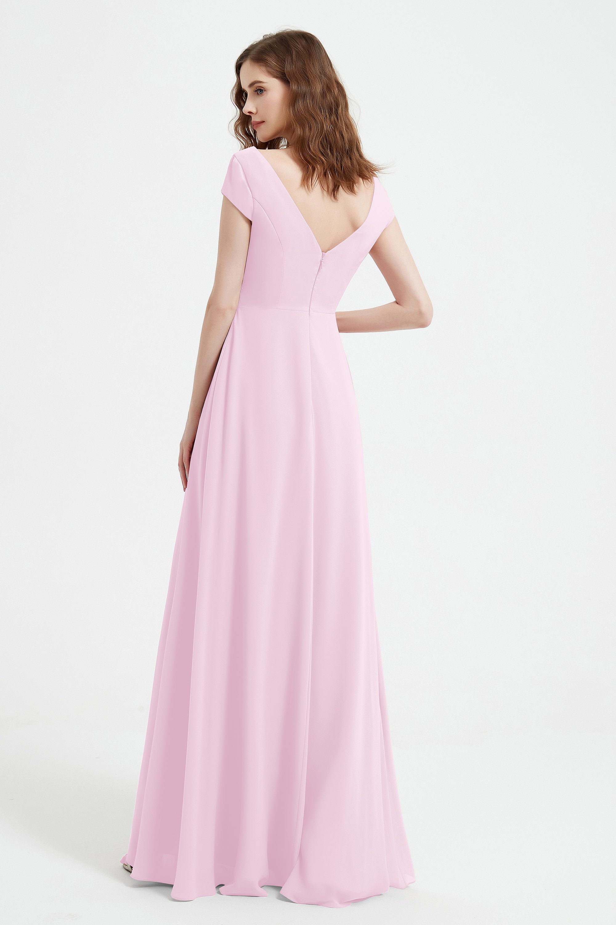 Cap Sleeves Chiffon Backless Bridesmaid Dress Long Formal Evening Dresses with Slit