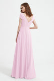 Cap Sleeves Chiffon Backless Bridesmaid Dress Long Formal Evening Dresses with Slit