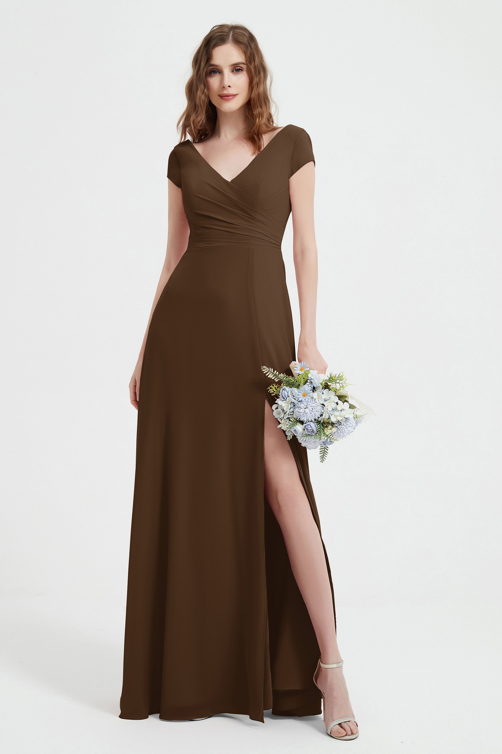 Cap Sleeves Chiffon Backless Bridesmaid Dress Long Formal Evening Dresses with Slit