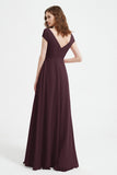 Cap Sleeves Chiffon Backless Bridesmaid Dress Long Formal Evening Dresses with Slit