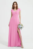 Cap Sleeves Chiffon Backless Bridesmaid Dress Long Formal Evening Dresses with Slit