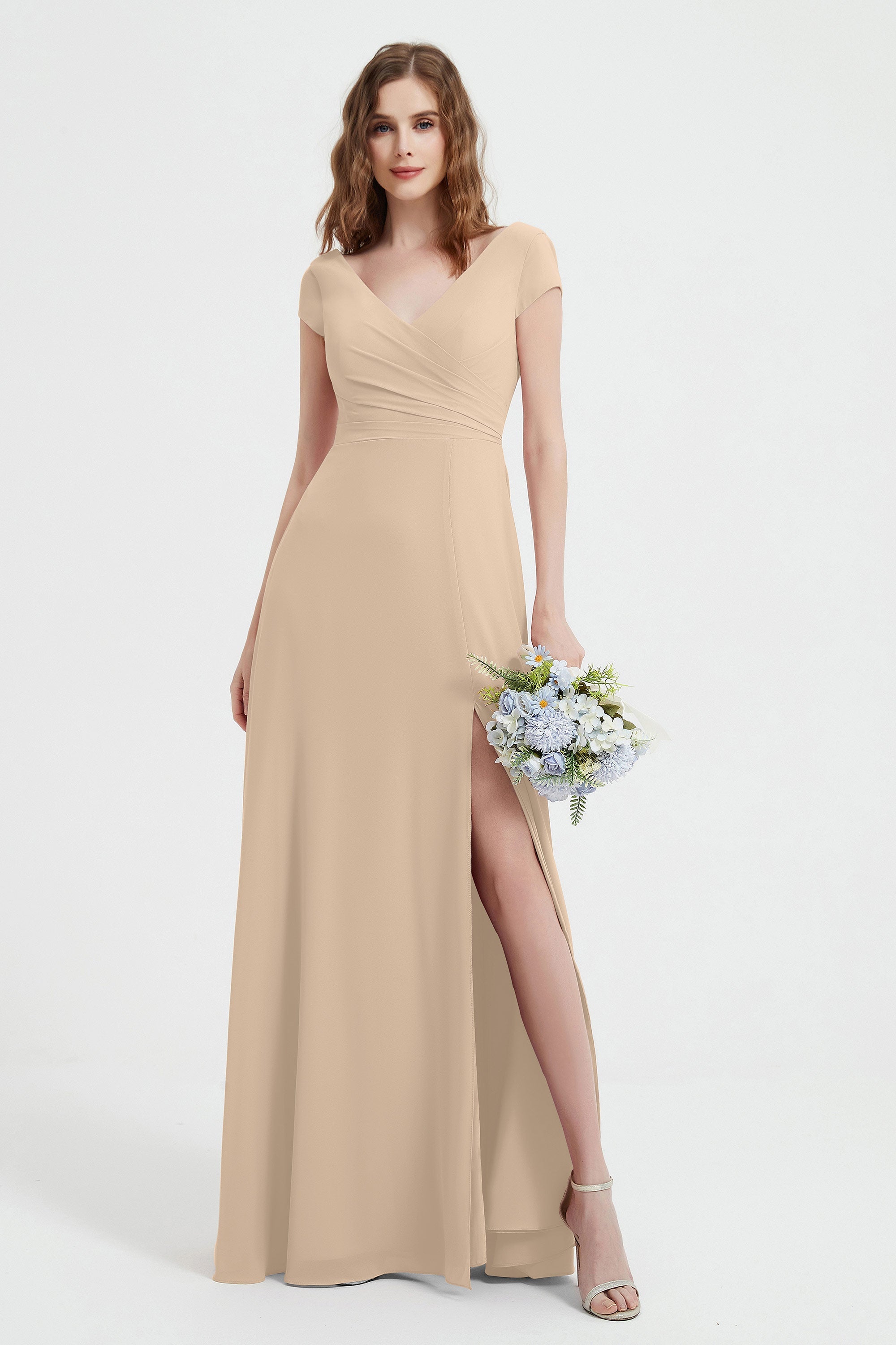 Cap Sleeves Chiffon Backless Bridesmaid Dress Long Formal Evening Dresses with Slit