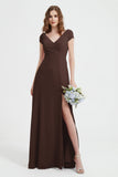 Cap Sleeves Chiffon Backless Bridesmaid Dress Long Formal Evening Dresses with Slit