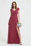 Cap Sleeves Chiffon Backless Bridesmaid Dress Long Formal Evening Dresses with Slit
