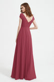 Cap Sleeves Chiffon Backless Bridesmaid Dress Long Formal Evening Dresses with Slit