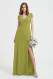 Cap Sleeves Chiffon Backless Bridesmaid Dress Long Formal Evening Dresses with Slit