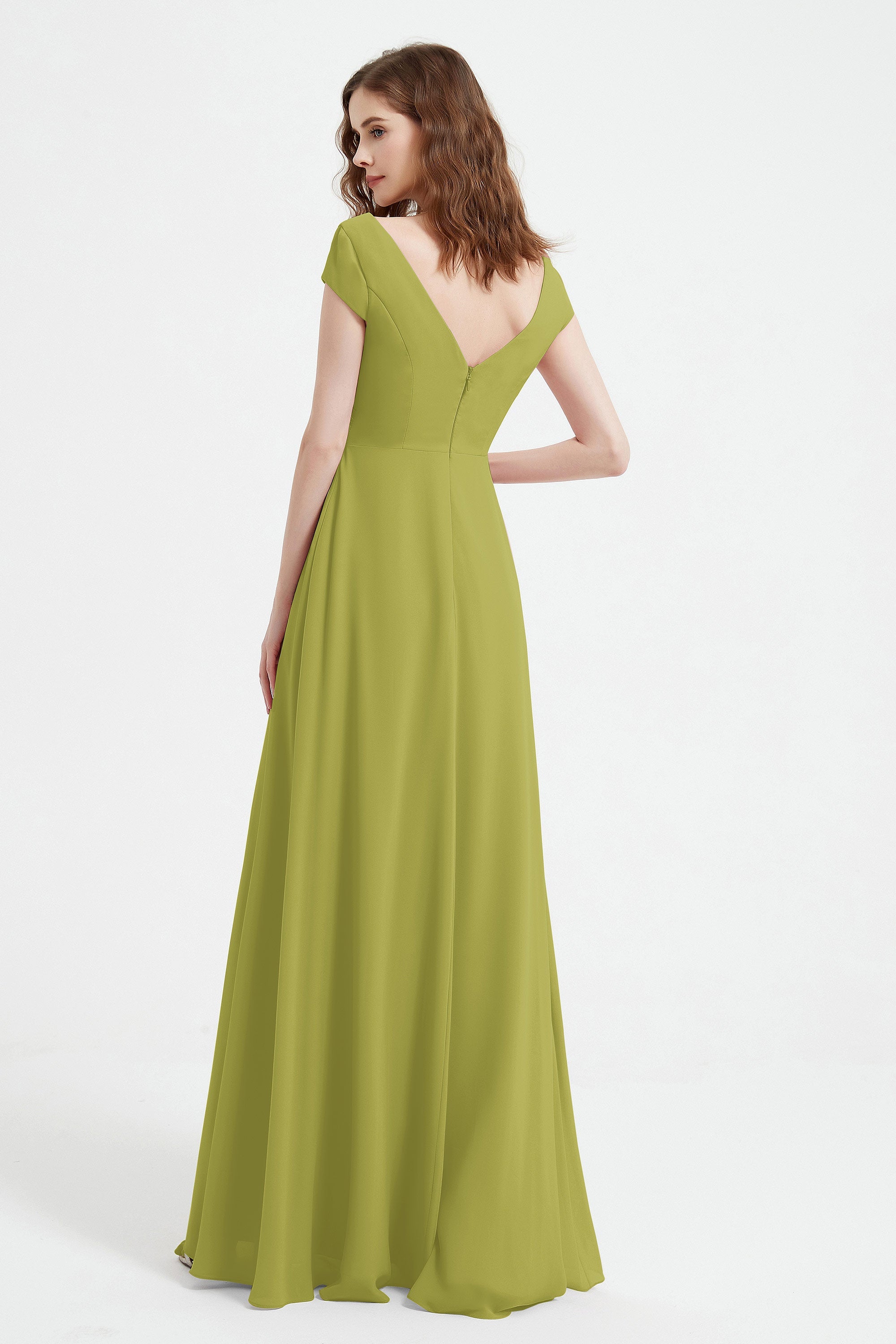 Cap Sleeves Chiffon Backless Bridesmaid Dress Long Formal Evening Dresses with Slit
