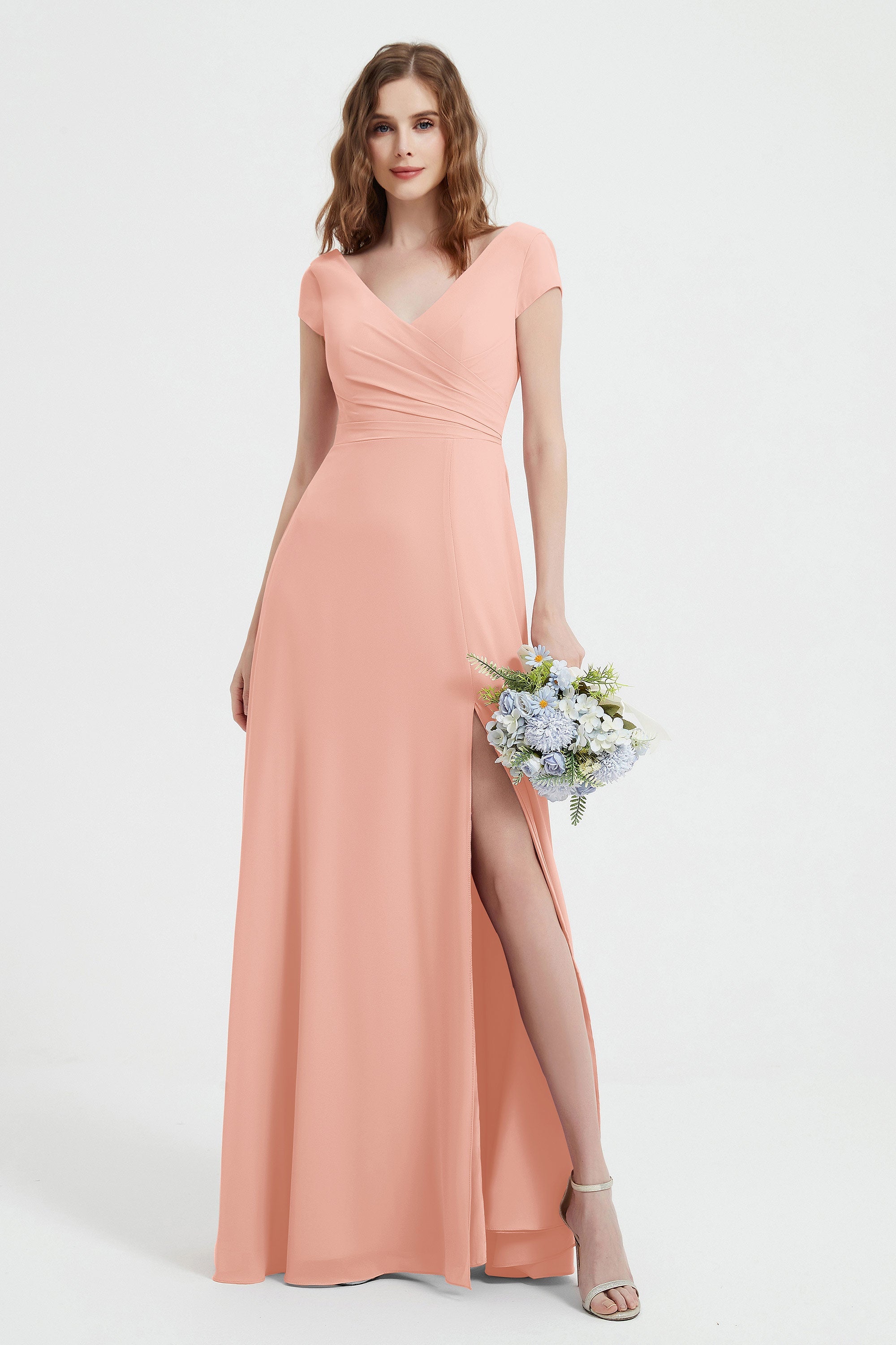 Cap Sleeves Chiffon Backless Bridesmaid Dress Long Formal Evening Dresses with Slit