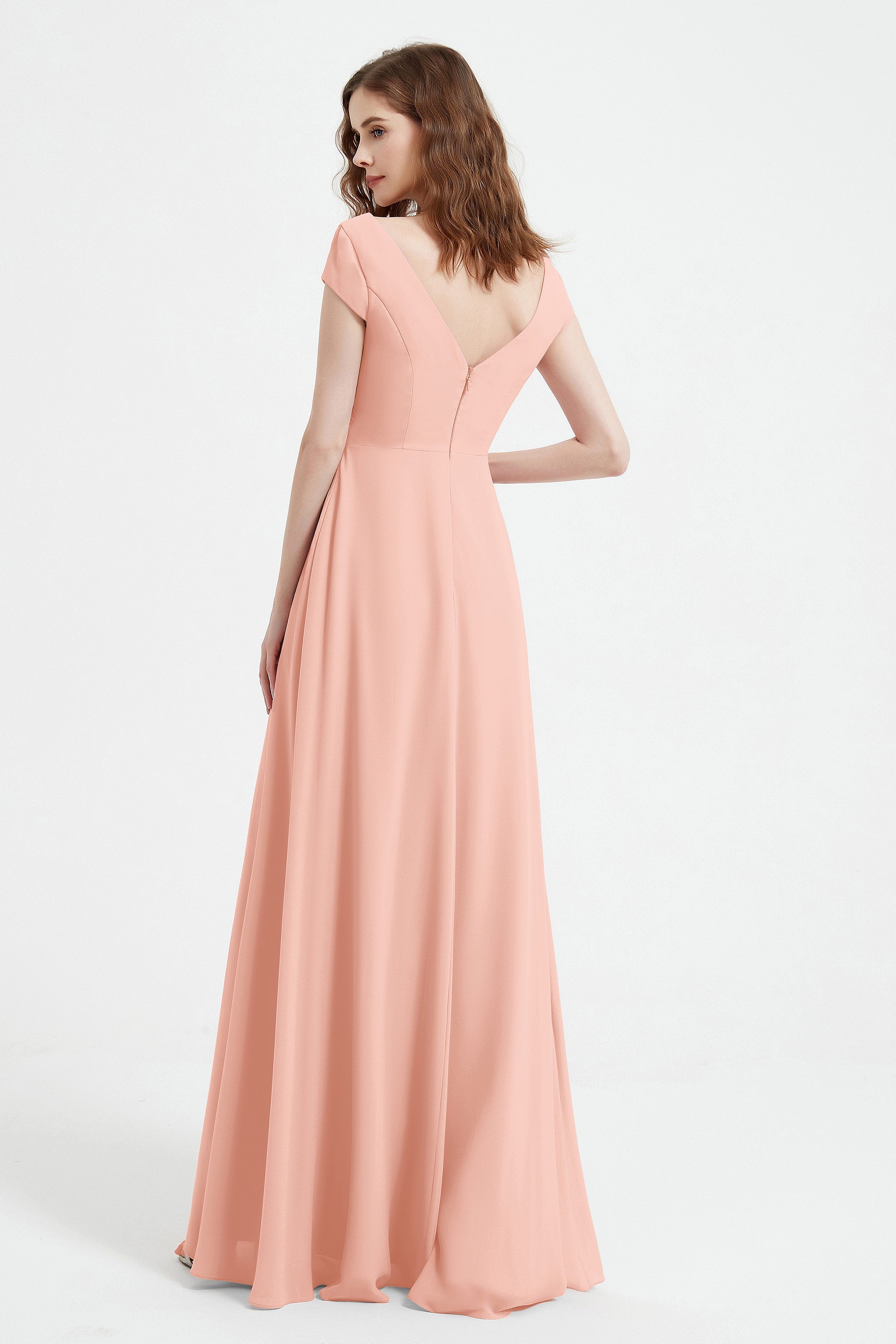 Cap Sleeves Chiffon Backless Bridesmaid Dress Long Formal Evening Dresses with Slit