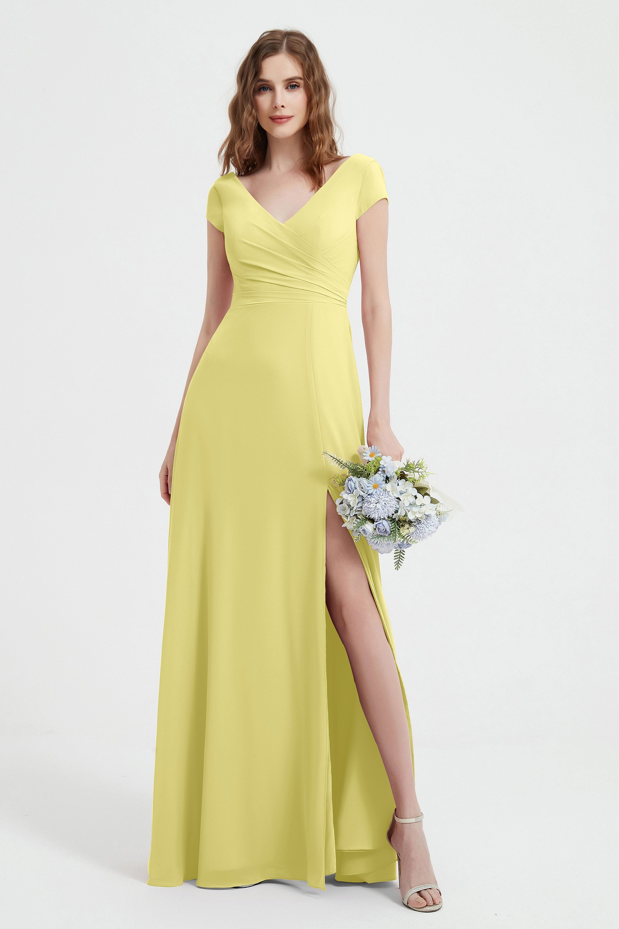Cap Sleeves Chiffon Backless Bridesmaid Dress Long Formal Evening Dresses with Slit