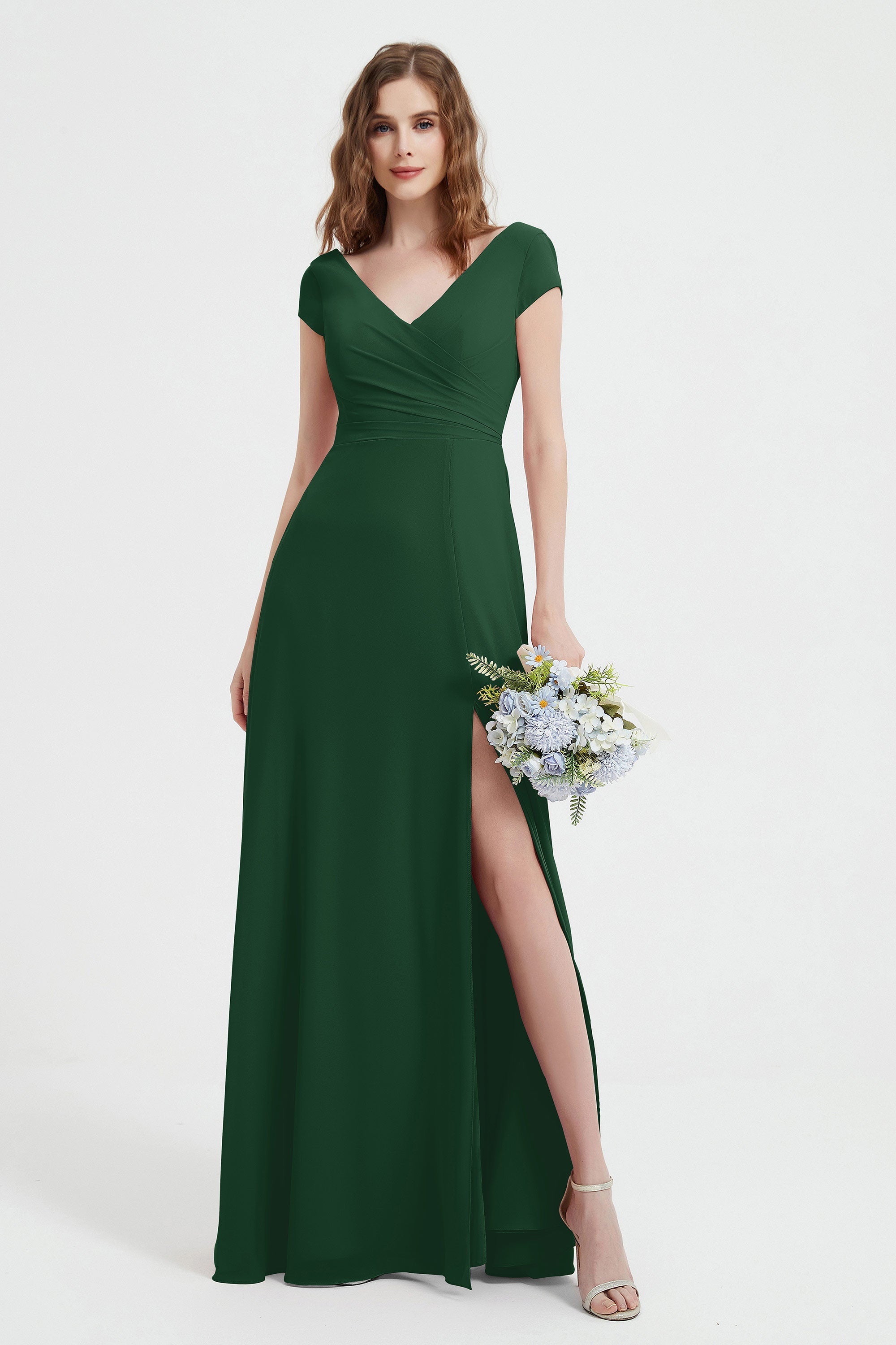 Cap Sleeves Chiffon Backless Bridesmaid Dress Long Formal Evening Dresses with Slit