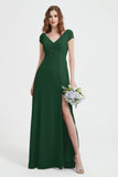 Cap Sleeves Chiffon Backless Bridesmaid Dress Long Formal Evening Dresses with Slit