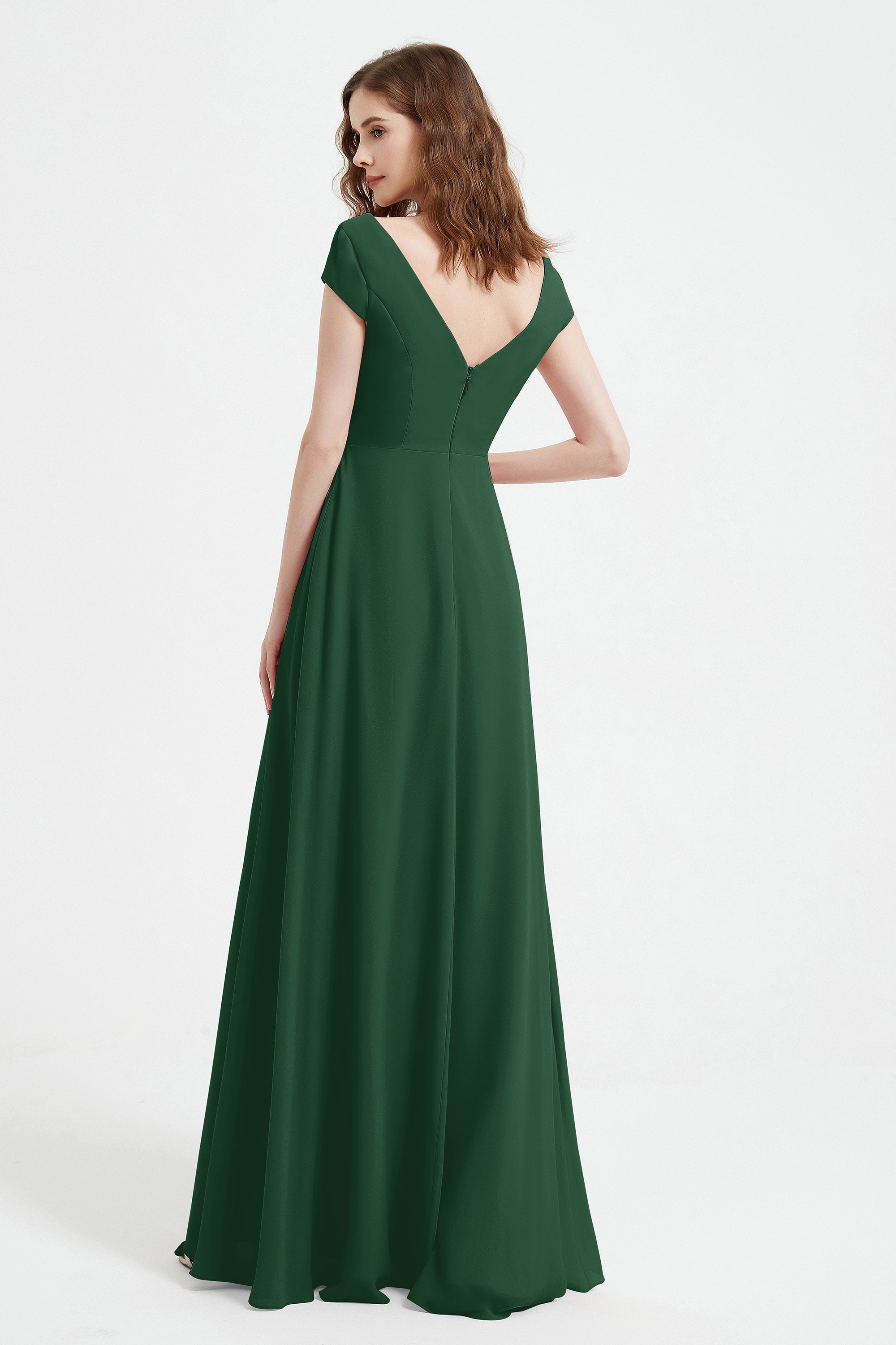 Cap Sleeves Chiffon Backless Bridesmaid Dress Long Formal Evening Dresses with Slit