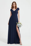 Cap Sleeves Chiffon Backless Bridesmaid Dress Long Formal Evening Dresses with Slit