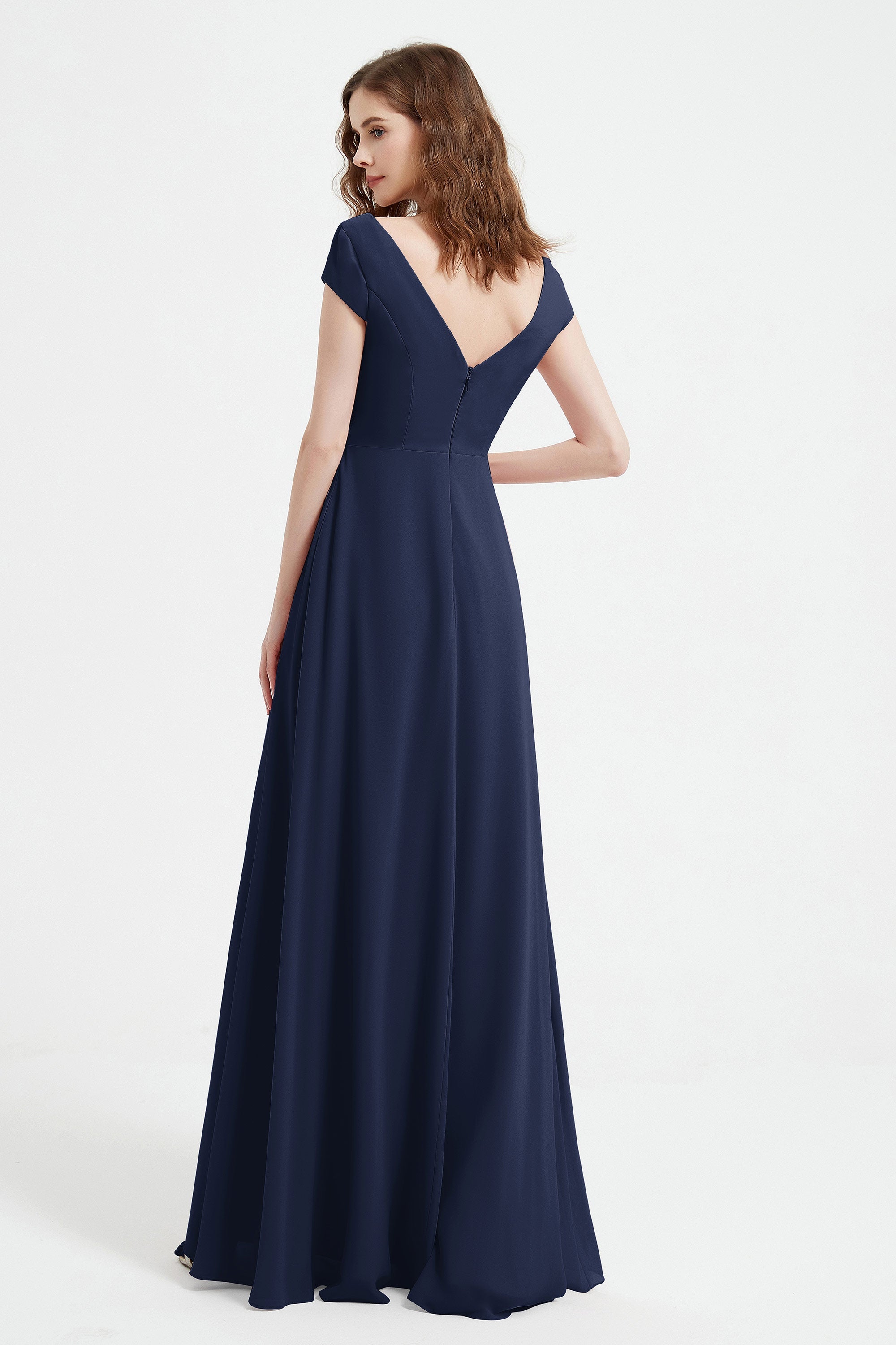 Cap Sleeves Chiffon Backless Bridesmaid Dress Long Formal Evening Dresses with Slit
