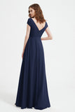 Cap Sleeves Chiffon Backless Bridesmaid Dress Long Formal Evening Dresses with Slit