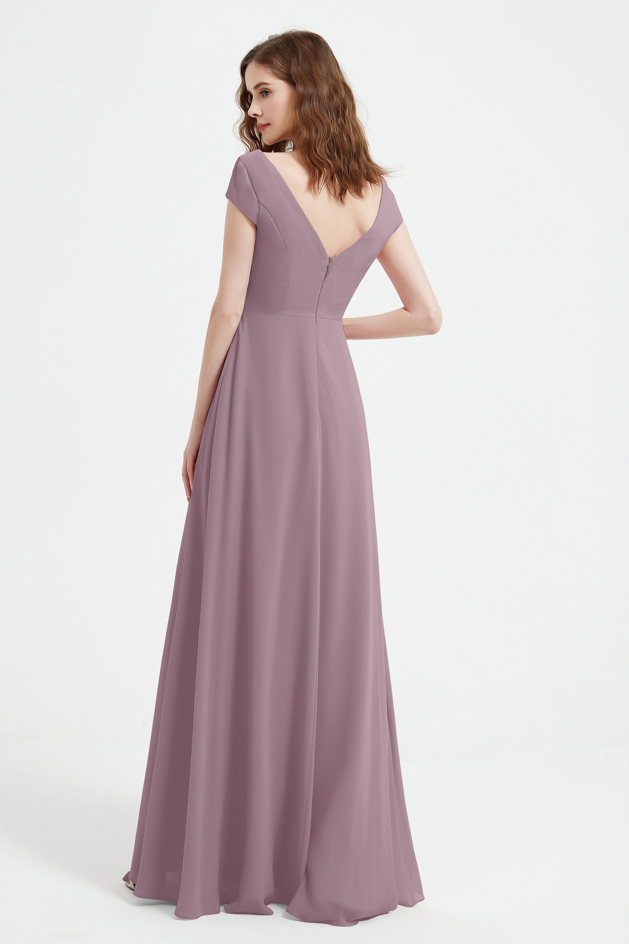Cap Sleeves Chiffon Backless Bridesmaid Dress Long Formal Evening Dresses with Slit