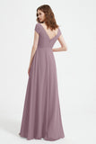 Cap Sleeves Chiffon Backless Bridesmaid Dress Long Formal Evening Dresses with Slit