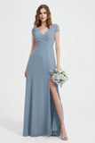 Cap Sleeves Chiffon Backless Bridesmaid Dress Long Formal Evening Dresses with Slit