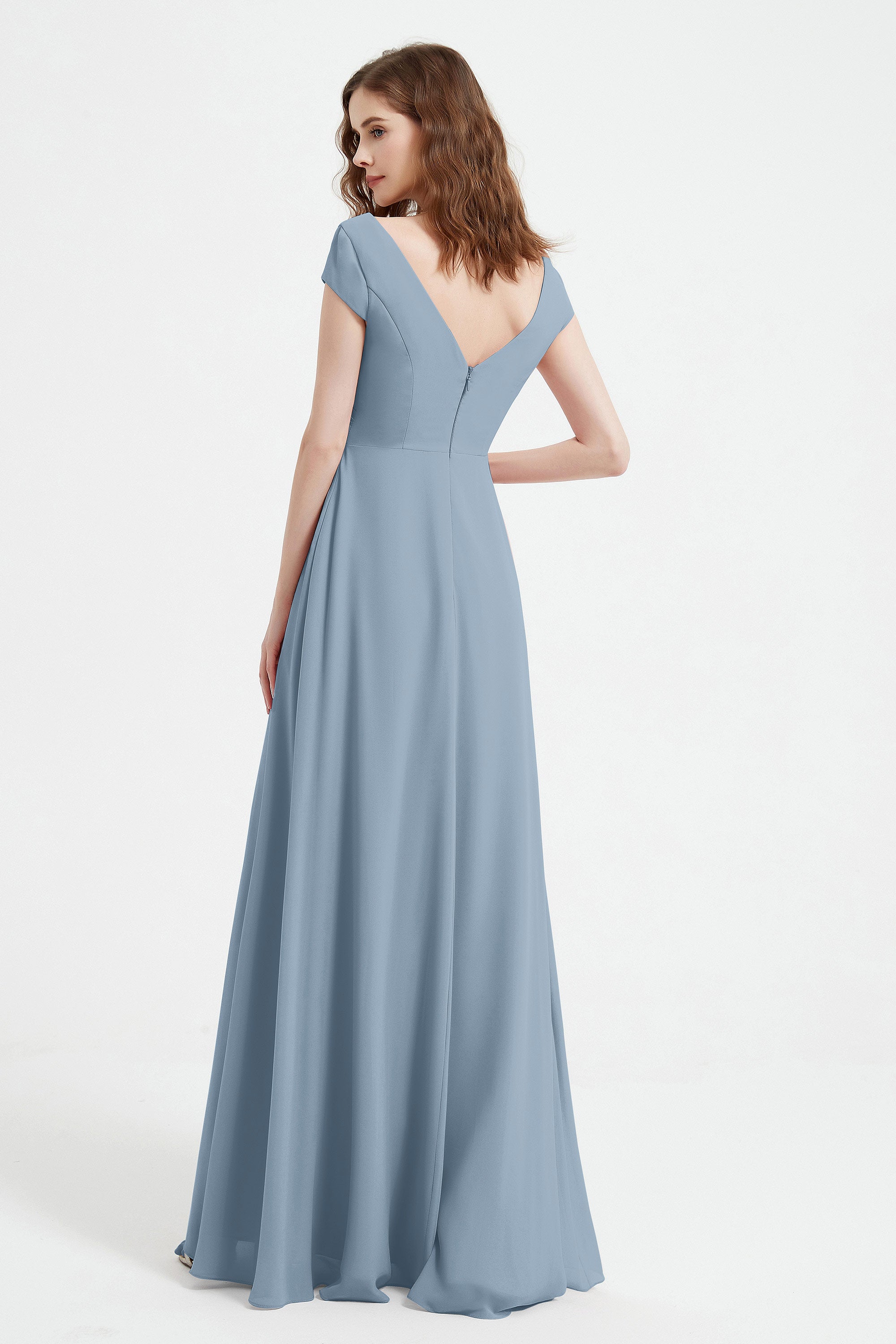 Cap Sleeves Chiffon Backless Bridesmaid Dress Long Formal Evening Dresses with Slit