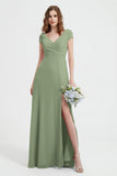 Cap Sleeves Chiffon Backless Bridesmaid Dress Long Formal Evening Dresses with Slit