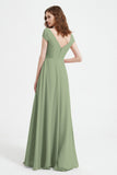 Cap Sleeves Chiffon Backless Bridesmaid Dress Long Formal Evening Dresses with Slit