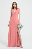 Cap Sleeves Chiffon Backless Bridesmaid Dress Long Formal Evening Dresses with Slit