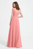 Cap Sleeves Chiffon Backless Bridesmaid Dress Long Formal Evening Dresses with Slit