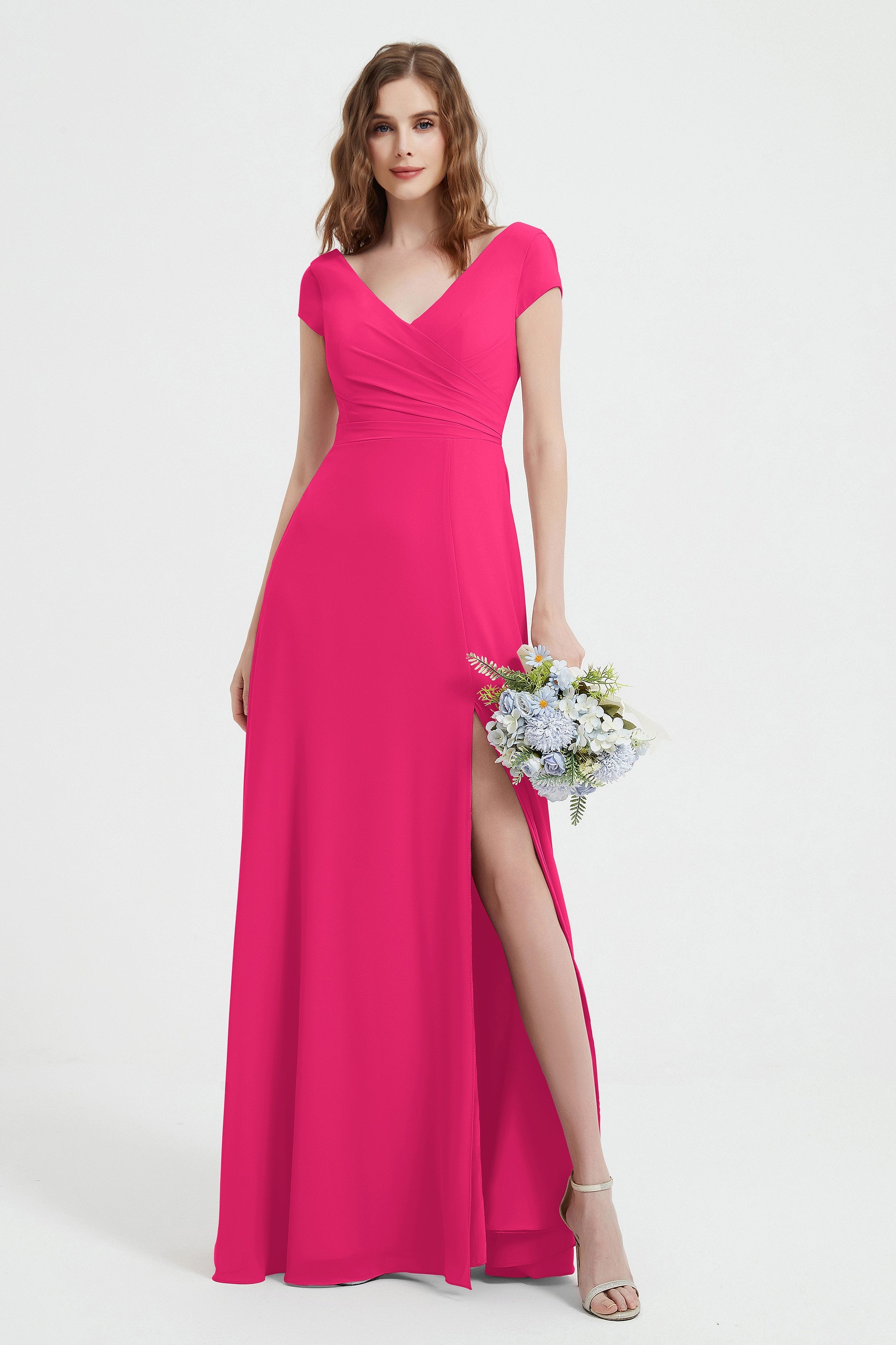 Cap Sleeves Chiffon Backless Bridesmaid Dress Long Formal Evening Dresses with Slit