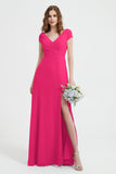 Cap Sleeves Chiffon Backless Bridesmaid Dress Long Formal Evening Dresses with Slit