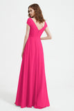 Cap Sleeves Chiffon Backless Bridesmaid Dress Long Formal Evening Dresses with Slit