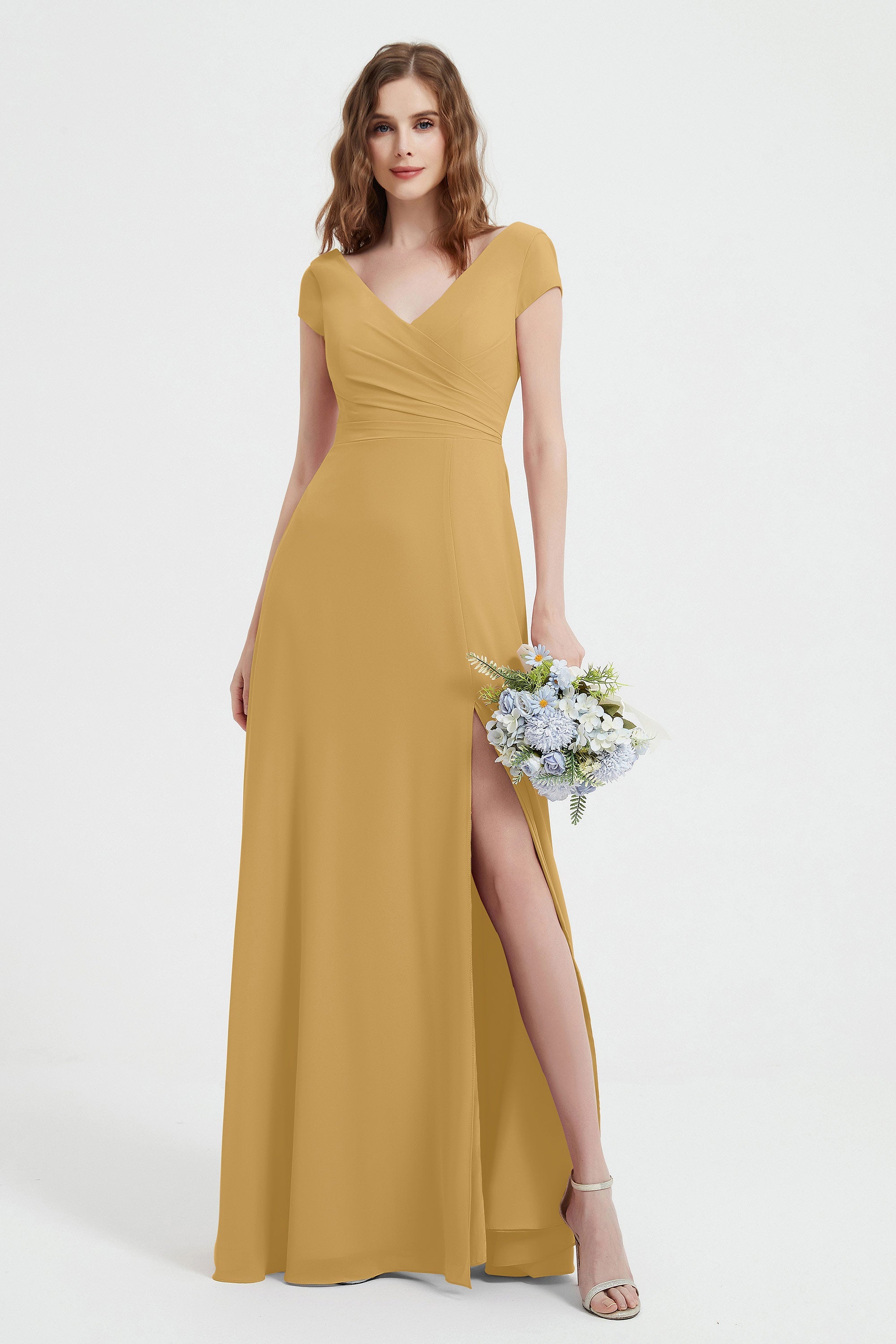 Cap Sleeves Chiffon Backless Bridesmaid Dress Long Formal Evening Dresses with Slit