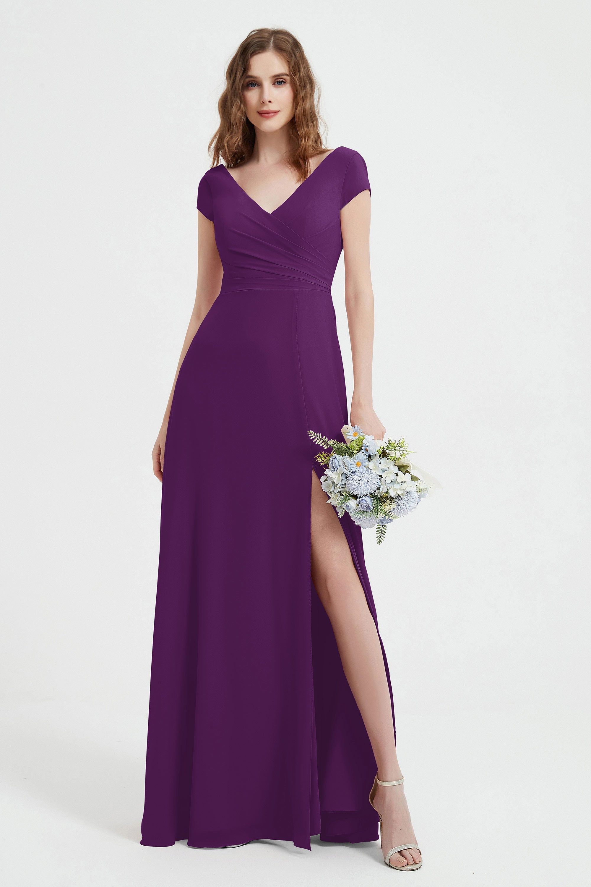Cap Sleeves Chiffon Backless Bridesmaid Dress Long Formal Evening Dresses with Slit