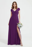 Cap Sleeves Chiffon Backless Bridesmaid Dress Long Formal Evening Dresses with Slit