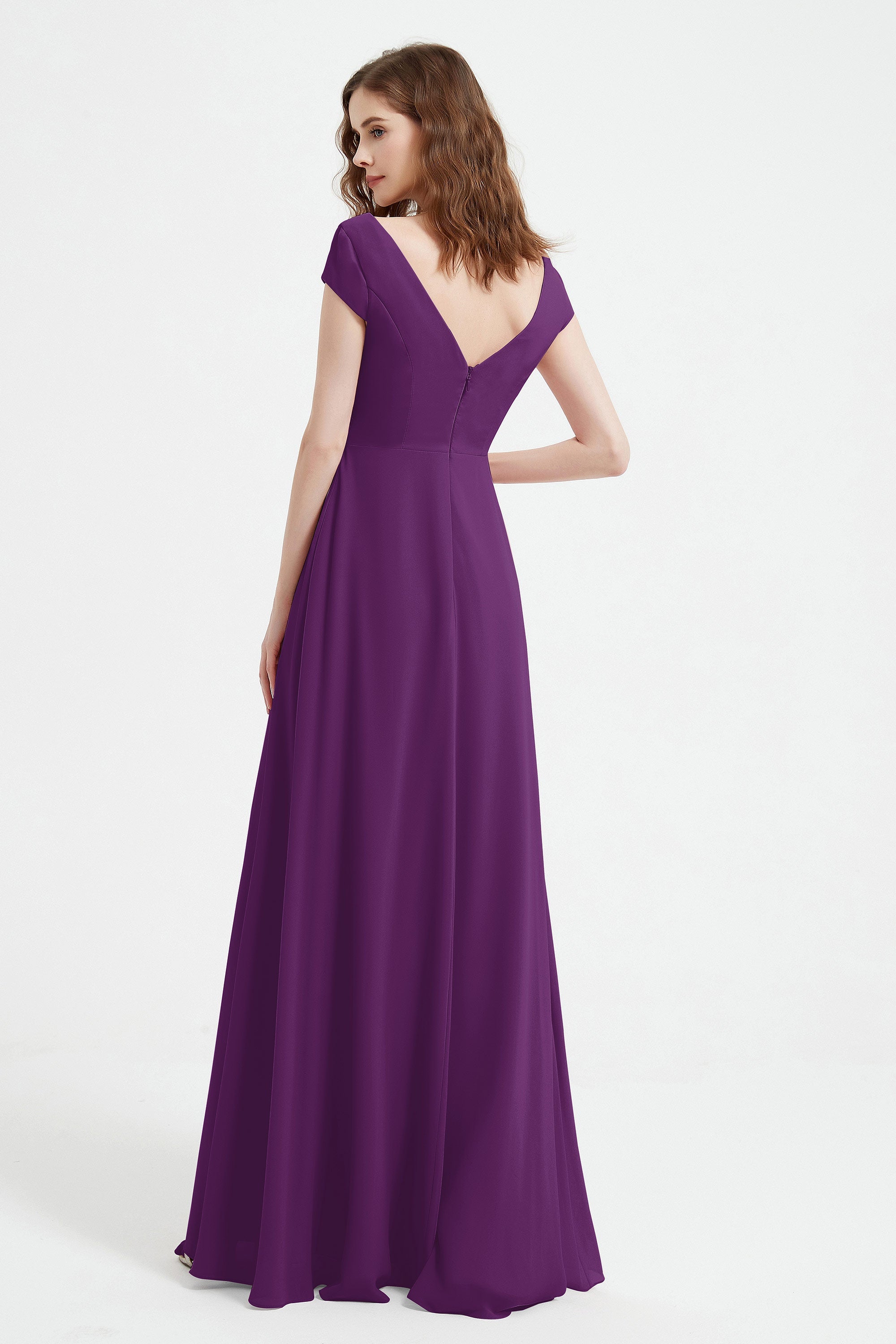Cap Sleeves Chiffon Backless Bridesmaid Dress Long Formal Evening Dresses with Slit