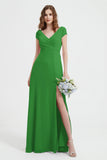 Cap Sleeves Chiffon Backless Bridesmaid Dress Long Formal Evening Dresses with Slit