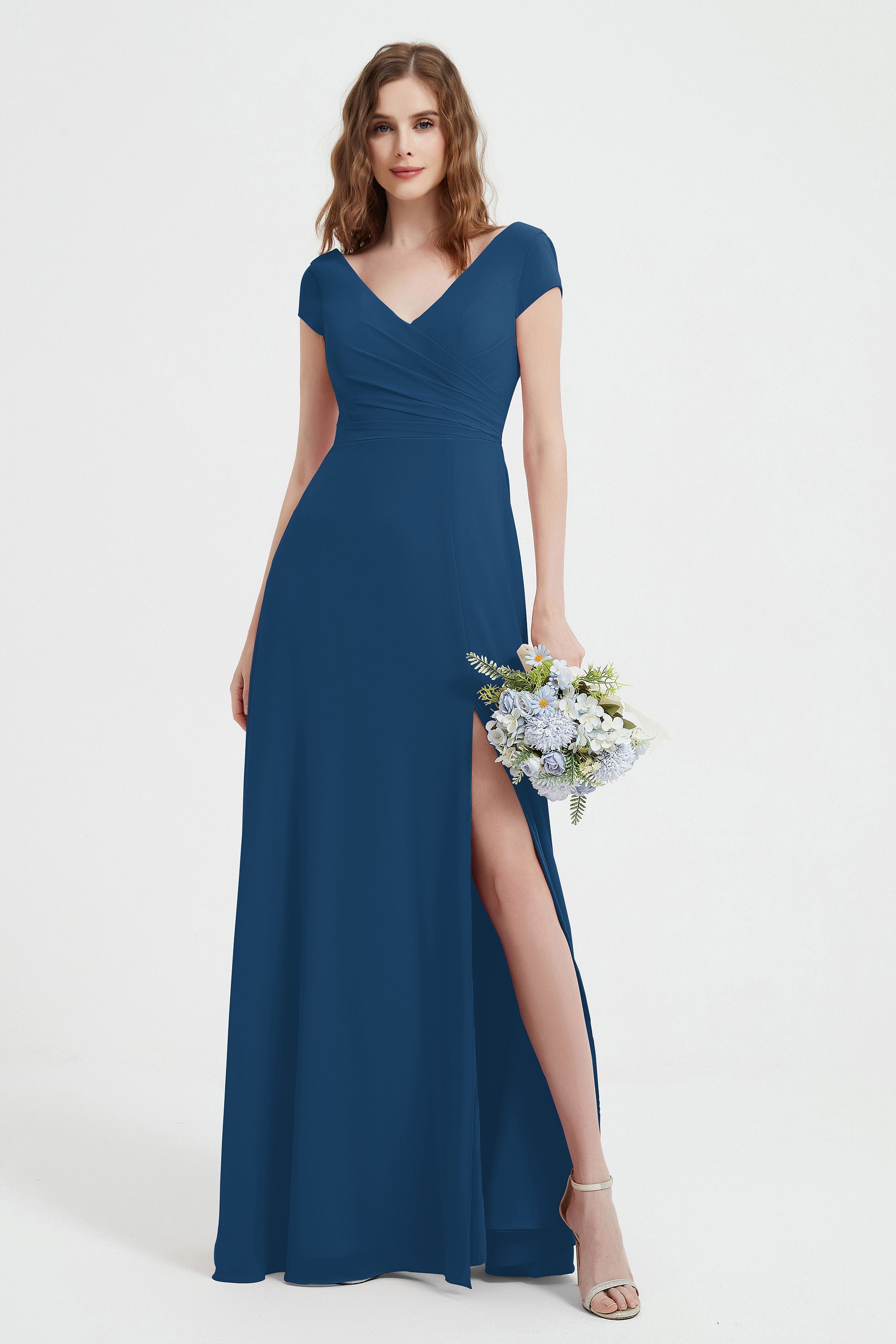 Cap Sleeves Chiffon Backless Bridesmaid Dress Long Formal Evening Dresses with Slit