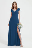 Cap Sleeves Chiffon Backless Bridesmaid Dress Long Formal Evening Dresses with Slit