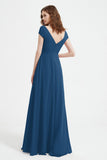 Cap Sleeves Chiffon Backless Bridesmaid Dress Long Formal Evening Dresses with Slit