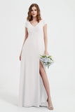 Cap Sleeves Chiffon Backless Bridesmaid Dress Long Formal Evening Dresses with Slit