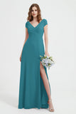 Cap Sleeves Chiffon Backless Bridesmaid Dress Long Formal Evening Dresses with Slit