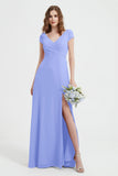 Cap Sleeves Chiffon Backless Bridesmaid Dress Long Formal Evening Dresses with Slit