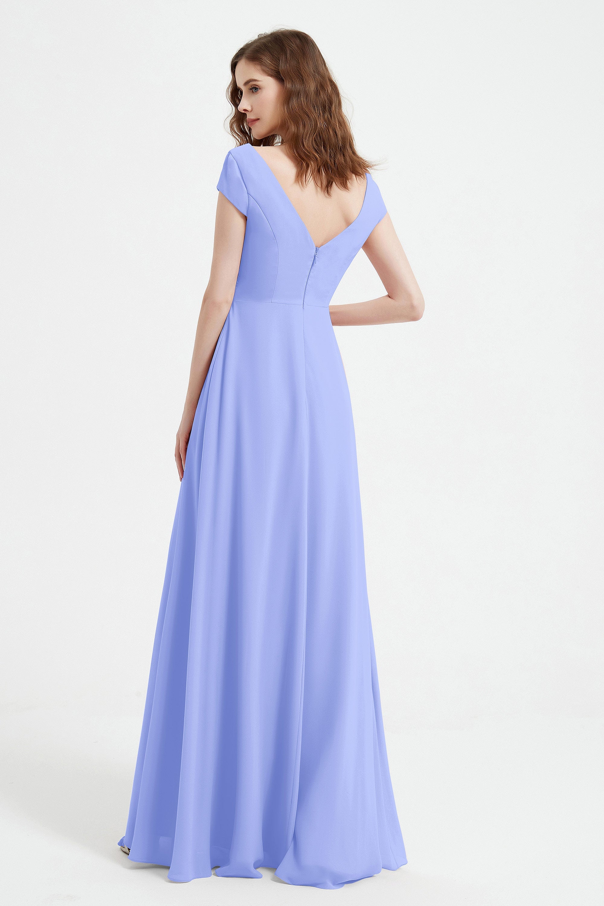 Cap Sleeves Chiffon Backless Bridesmaid Dress Long Formal Evening Dresses with Slit