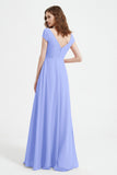Cap Sleeves Chiffon Backless Bridesmaid Dress Long Formal Evening Dresses with Slit